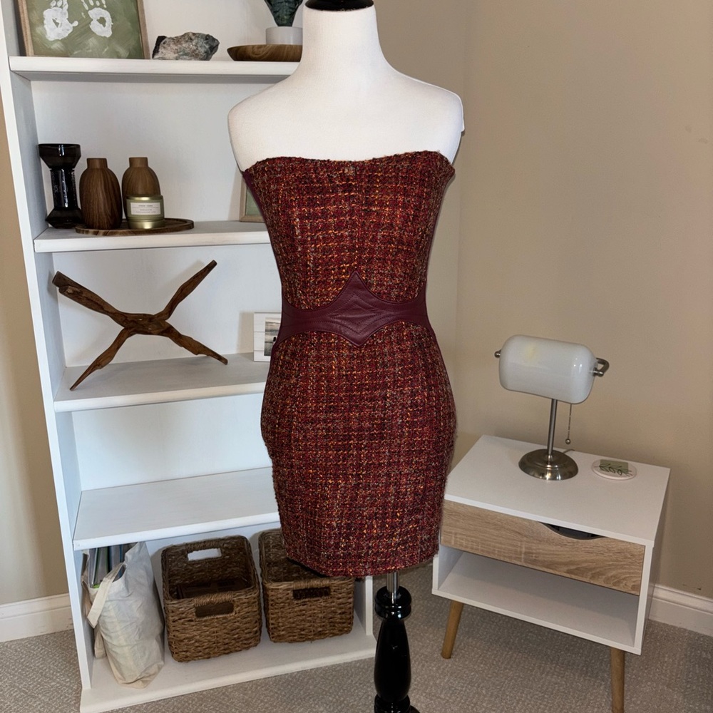 NWT Sky: Maroon Strapless Tweed Dress with Leather Waist